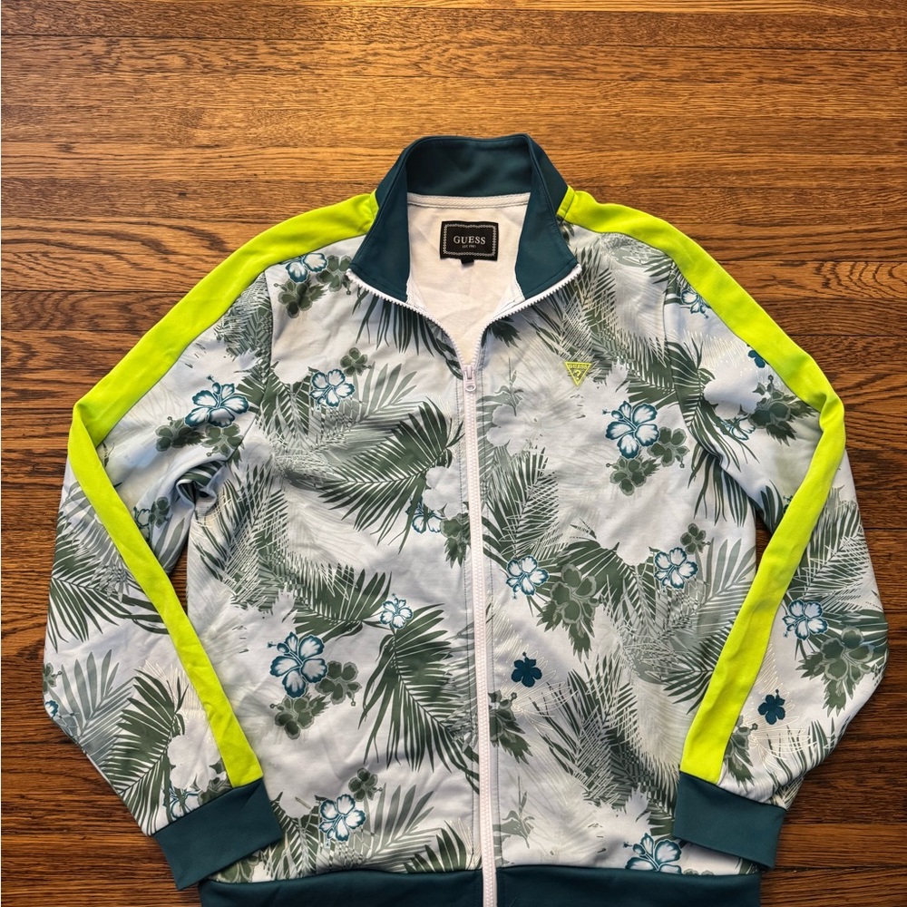 #606 GUESS Floral/ PALM PRINT WARMUP Jacket - Green and Blue - Picture 2 of 15